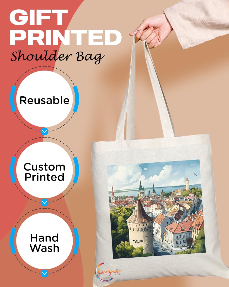 Natural Reusable Shopping Souvenir Tote Bag Featuring Popular Cities and Capitals from Europe and Around the World (Tallinn)