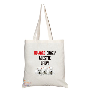 TB203 Beware Crazy Westie Lady Novelty Present Gift Printed Eco-Friendly Stylish Long Handled Tote Shoulder Bag