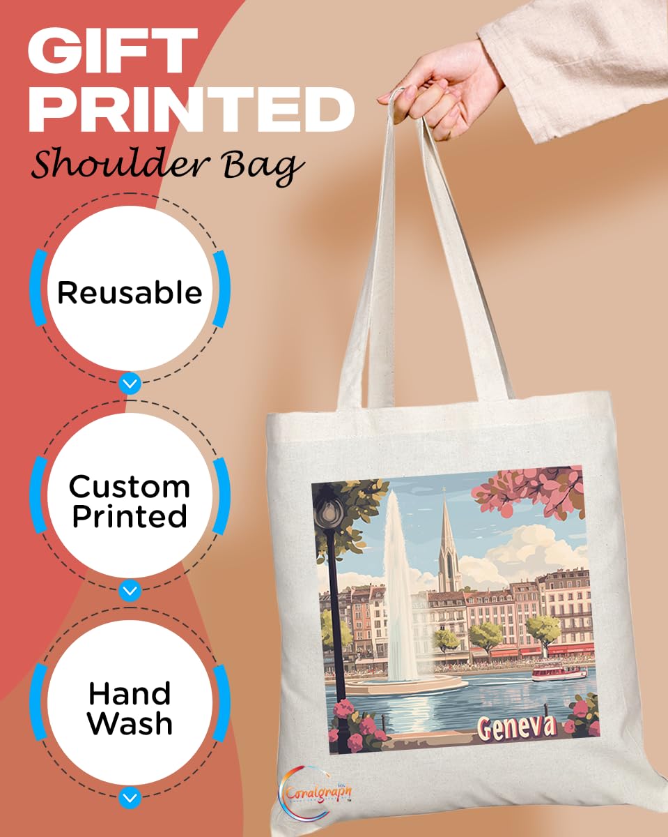 Natural Reusable Shopping Souvenir Tote Bag Featuring Popular Cities and Capitals from Europe and Around the World (Geneva)