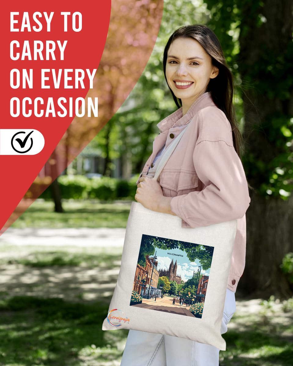 Natural Reusable Shopping Souvenir Tote Bag Featuring Cities and Landmarks in United Kingdom (Wolverhampton)