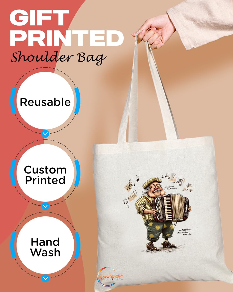 TB2137 - Natural Reusable Shopping Souvenir Tote Bag Featuring Mr Accordion Design