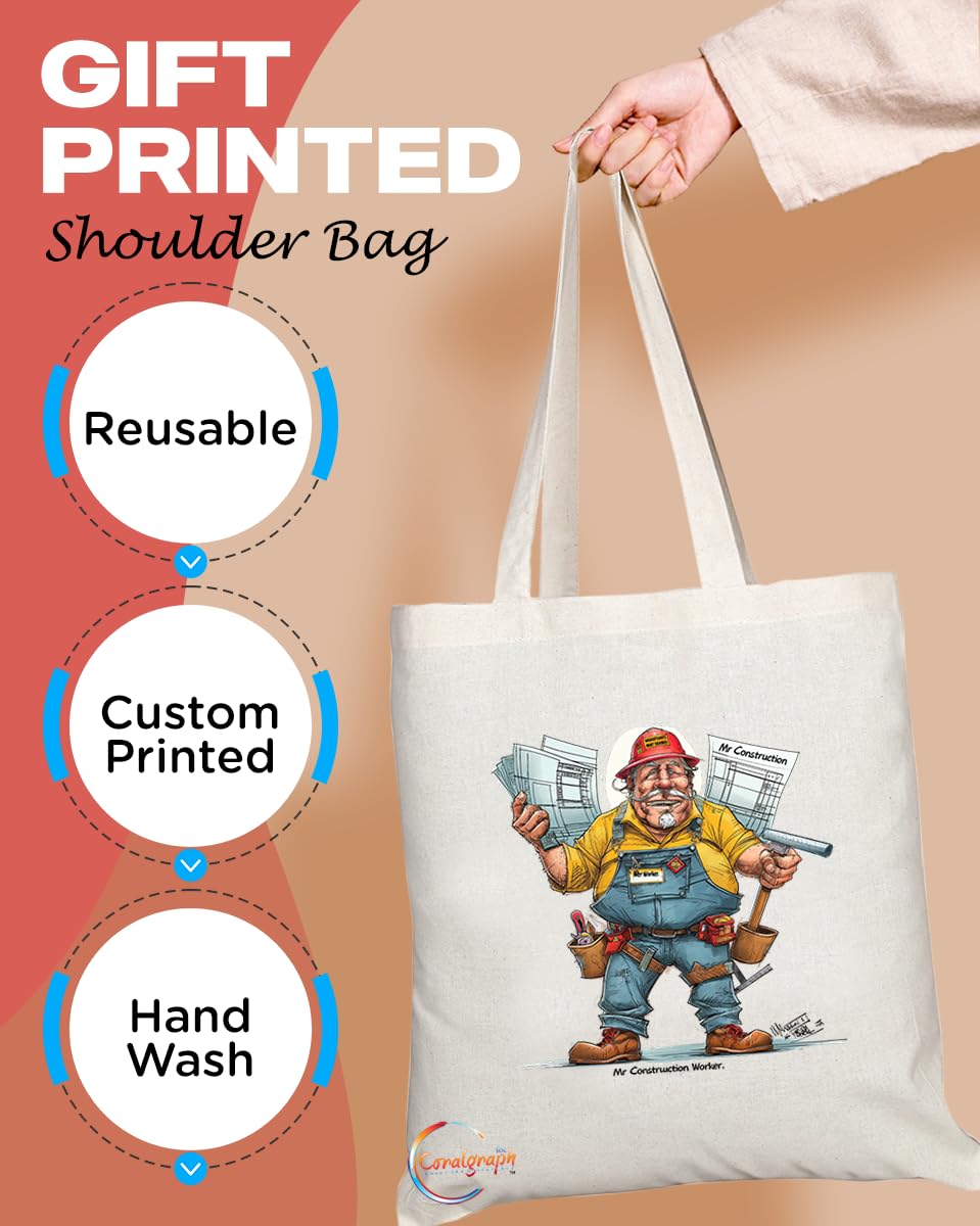 TB1957 Mr Construction Souvenir Tote Bag - Depicting a Dedicated Construction Worker in Action - Keepsake for Building and Construction Enthusiasts - Mr Construction Memorabilia