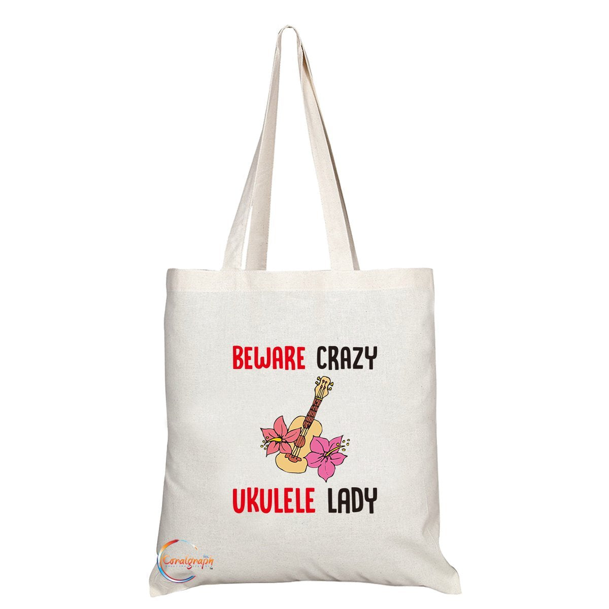 TB205 Beware Crazy Ukulele Lady Novelty Present Gift Printed Eco-Friendly Stylish Long Handled Tote Shoulder Bag