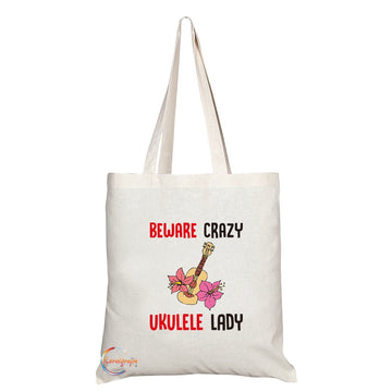 TB205 Beware Crazy Ukulele Lady Novelty Present Gift Printed Eco-Friendly Stylish Long Handled Tote Shoulder Bag