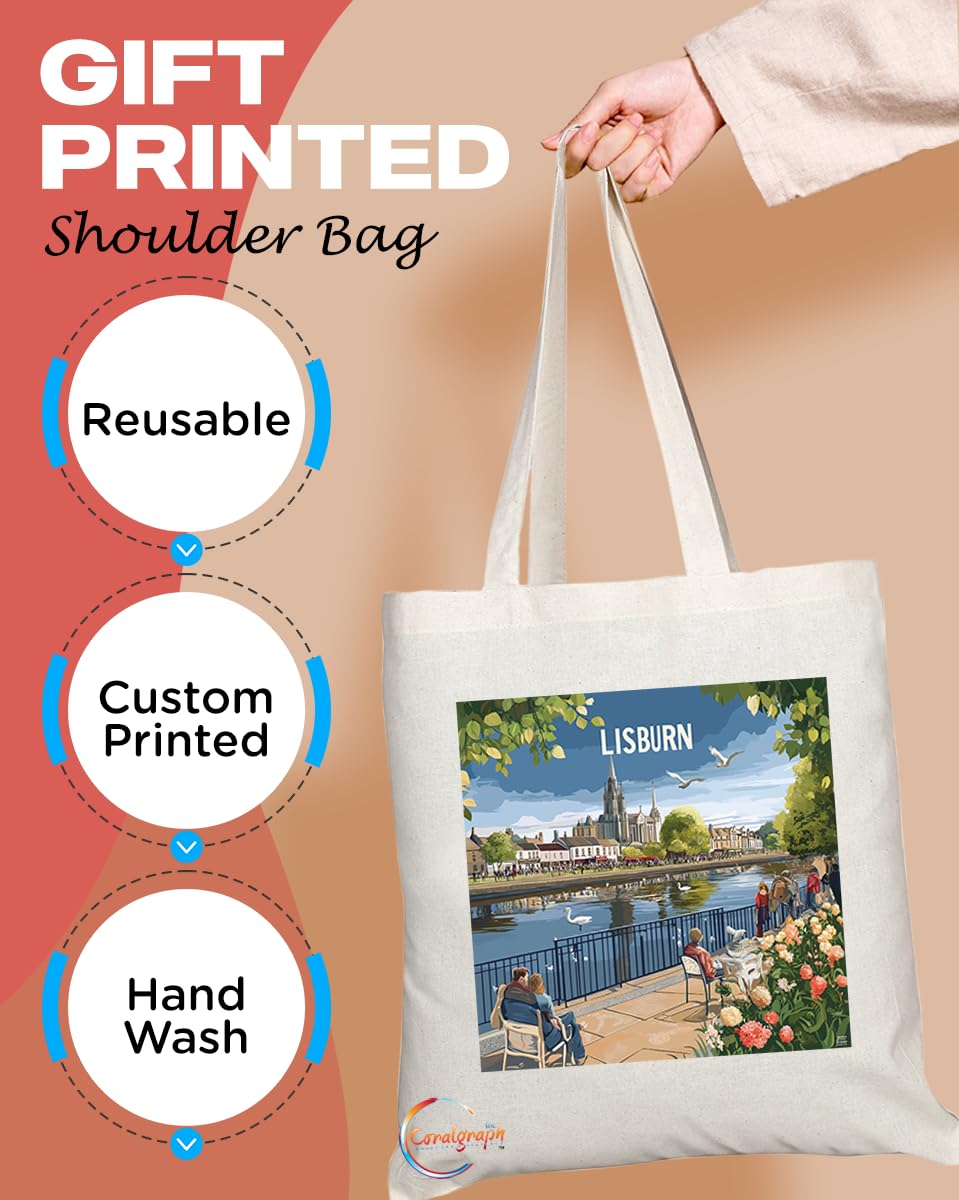 Natural Reusable Shopping Souvenir Tote Bag Featuring Cities and Landmarks in United Kingdom (Lisburn)