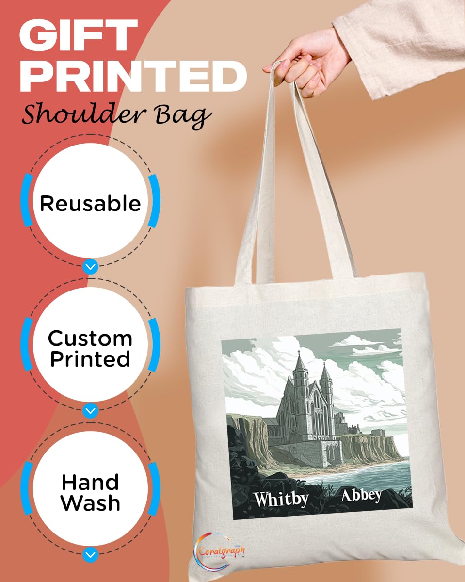 Natural Reusable Shopping Souvenir Tote Bag Featuring Cities and Landmarks in United Kingdom (Whitby Abbey)