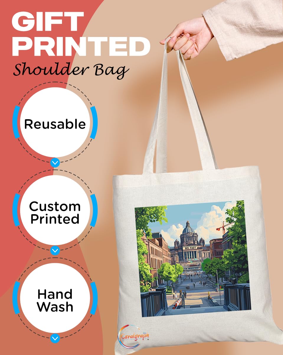 Natural Reusable Shopping Souvenir Tote Bag Featuring Cities and Landmarks in United Kingdom (Belfast)