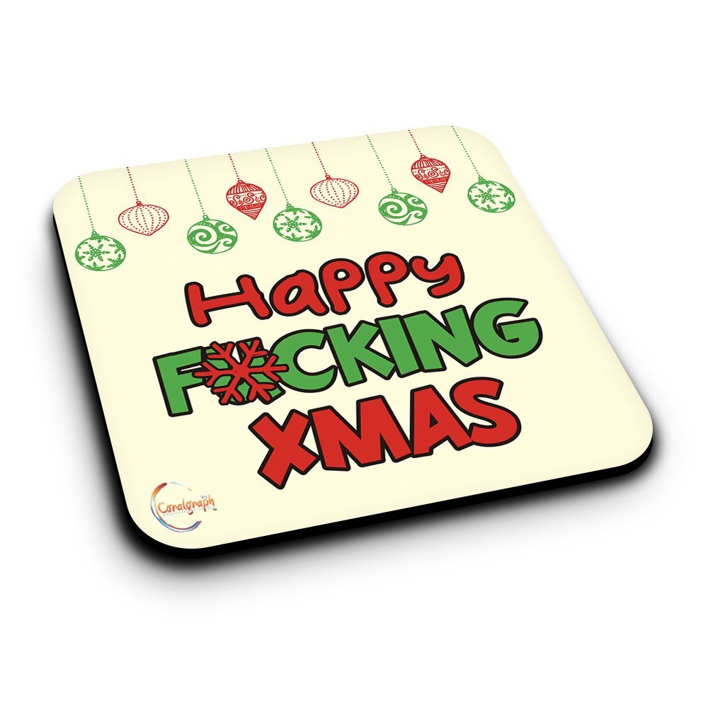 ER078 HAPPY F**KING XMAS Novelty Present Gift Printed MDF Wooden Coaster