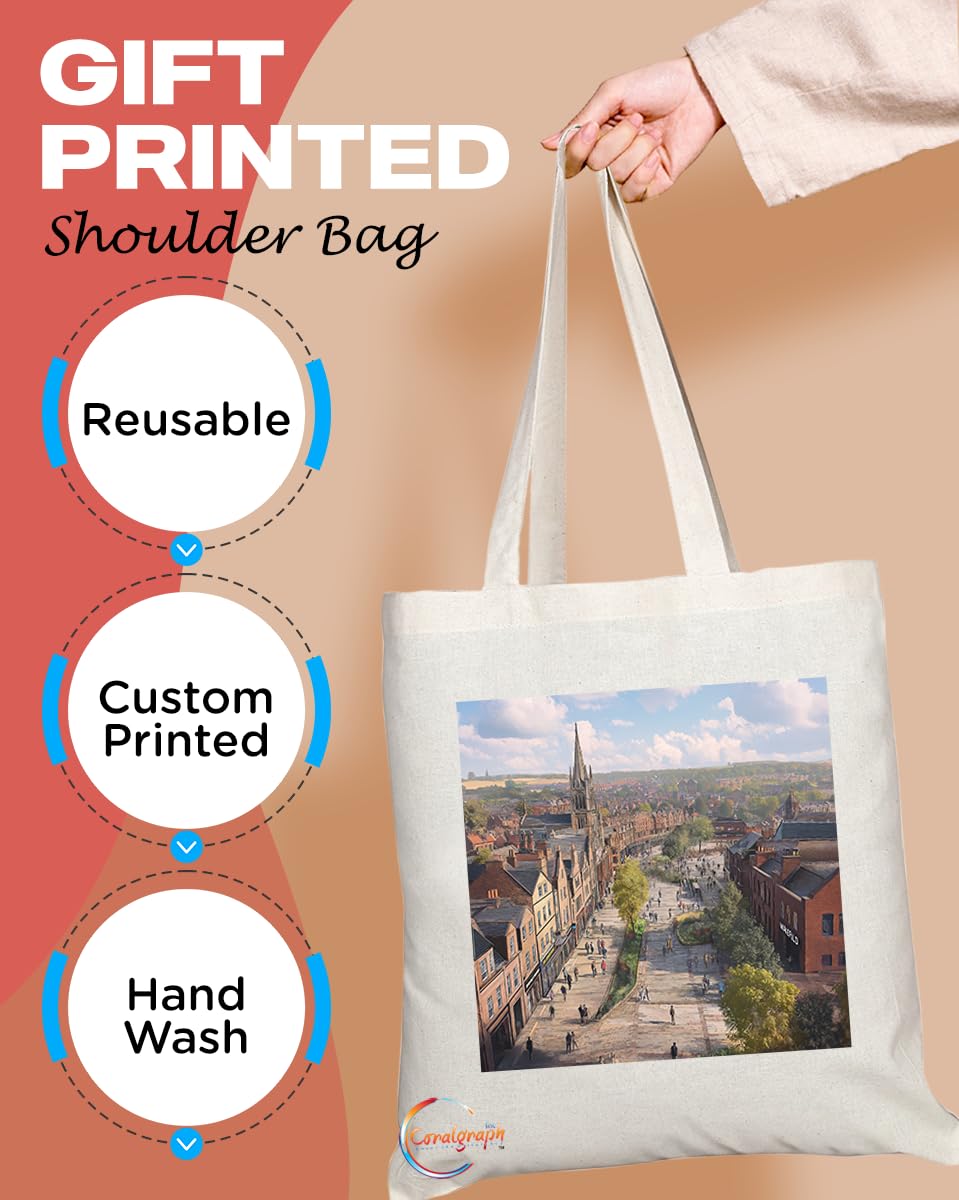 Natural Reusable Shopping Souvenir Tote Bag Featuring Cities and Landmarks in United Kingdom (Wakefield)