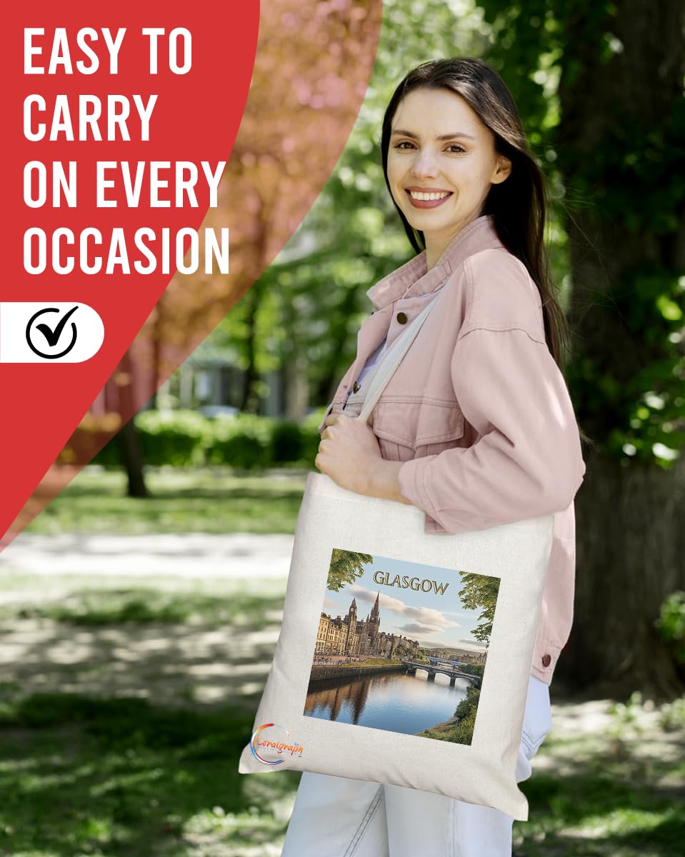Natural Reusable Shopping Souvenir Tote Bag Featuring Cities and Landmarks in United Kingdom (Glasgow)