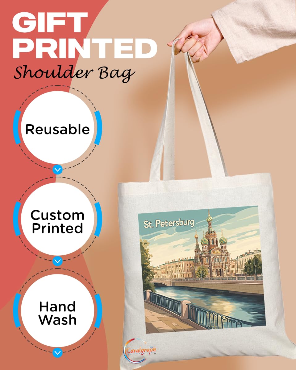 Natural Reusable Shopping Souvenir Tote Bag Featuring Popular Cities and Capitals from Europe and Around the World (St Petersburg)