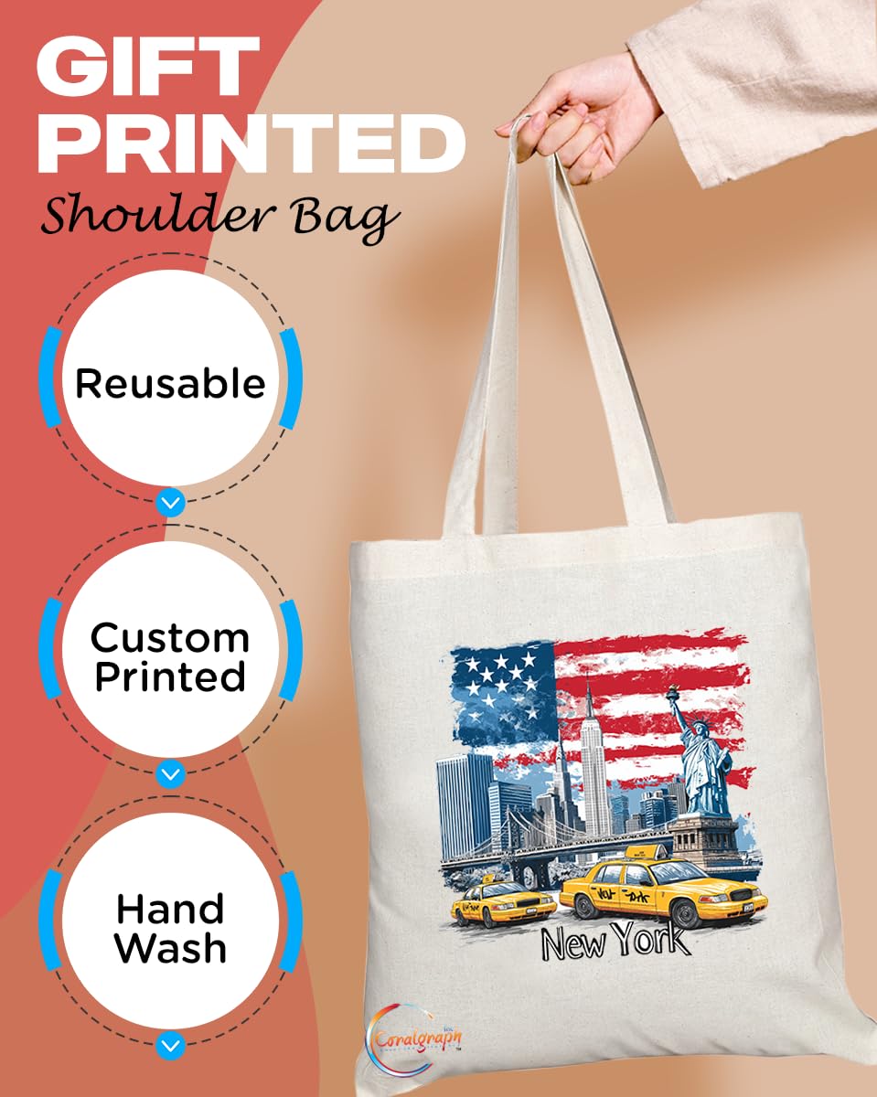 TB2041 - Natural Reusable Shopping Souvenir Tote Bag Featuring New York (Design 2)