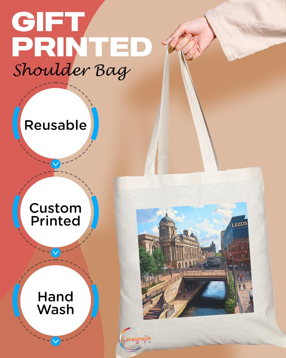 Natural Reusable Shopping Souvenir Tote Bag Featuring Cities and Landmarks in United Kingdom (Leeds)