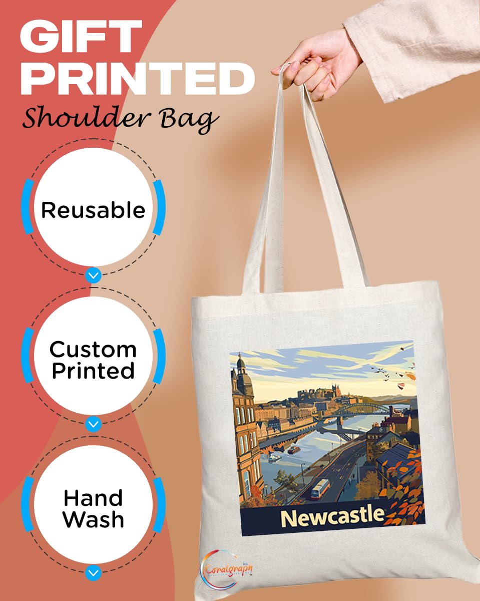 Natural Reusable Shopping Souvenir Tote Bag Featuring Cities and Landmarks in United Kingdom (Newcastle)
