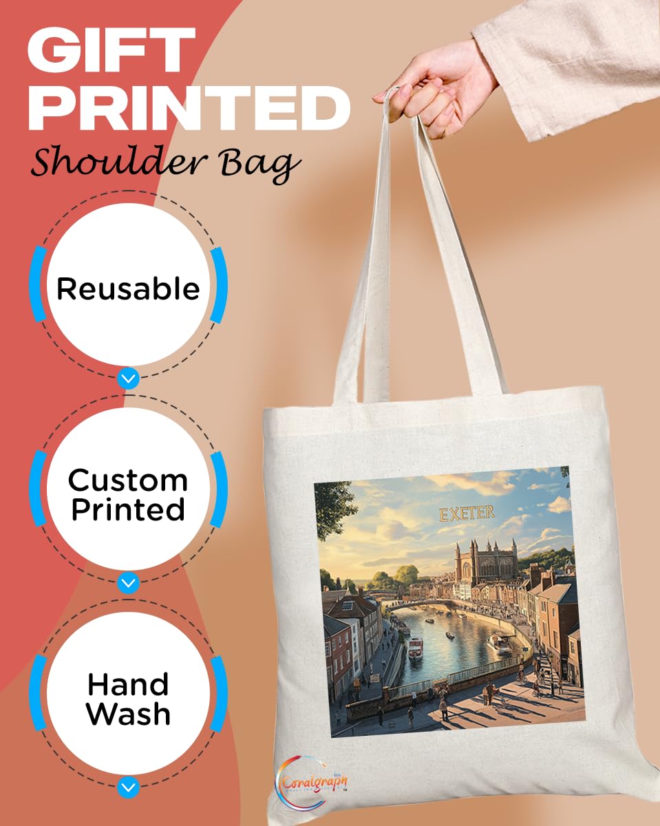 Natural Reusable Shopping Souvenir Tote Bag Featuring Cities and Landmarks in United Kingdom (Exeter)