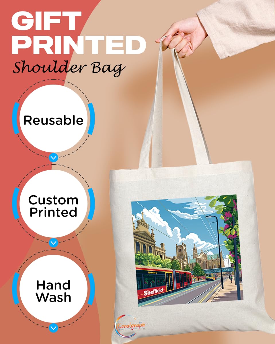 Natural Reusable Shopping Souvenir Tote Bag Featuring Cities and Landmarks in United Kingdom (Sheffield)
