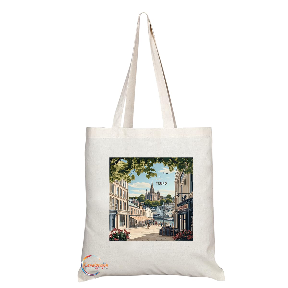 Natural Reusable Shopping Souvenir Tote Bag Featuring Cities and Landmarks in United Kingdom (Truro)