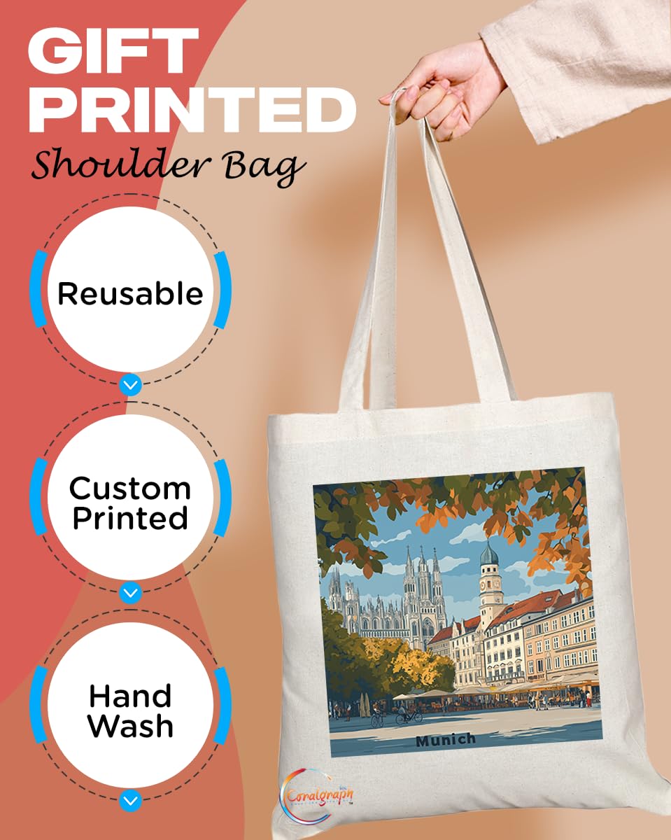 Natural Reusable Shopping Souvenir Tote Bag Featuring Popular Cities and Capitals from Europe and Around the World (Munich)
