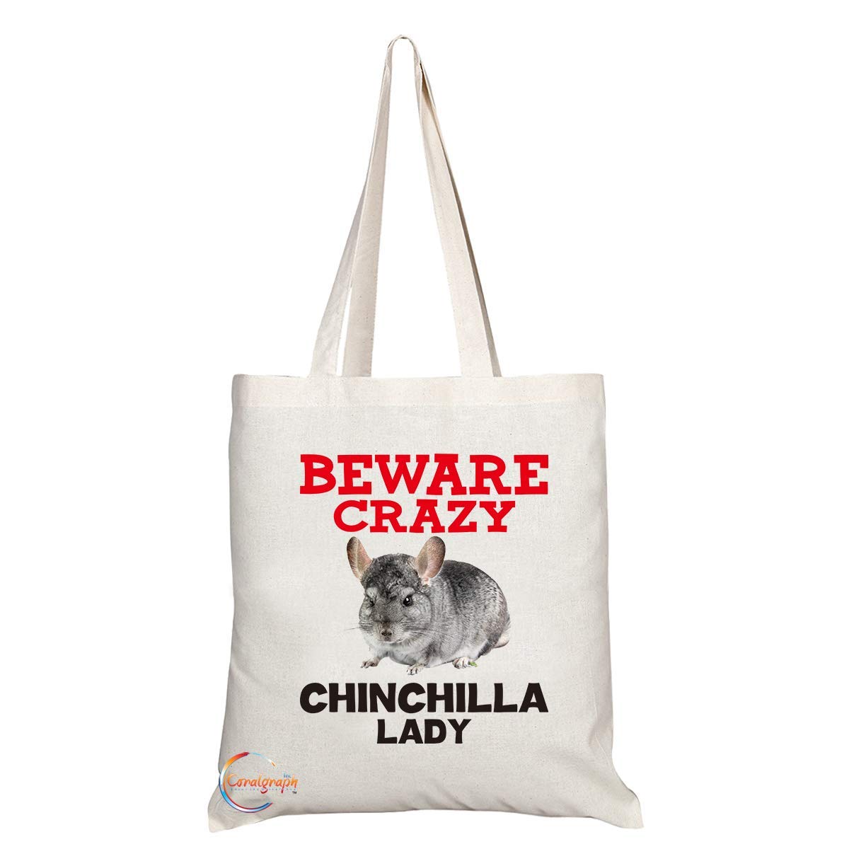 TB397 Beware Crazy Chinchilla Lady Novelty Present Gift Printed Eco-Friendly Stylish Long Handled Tote Shoulder Bag