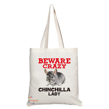 TB397 Beware Crazy Chinchilla Lady Novelty Present Gift Printed Eco-Friendly Stylish Long Handled Tote Shoulder Bag