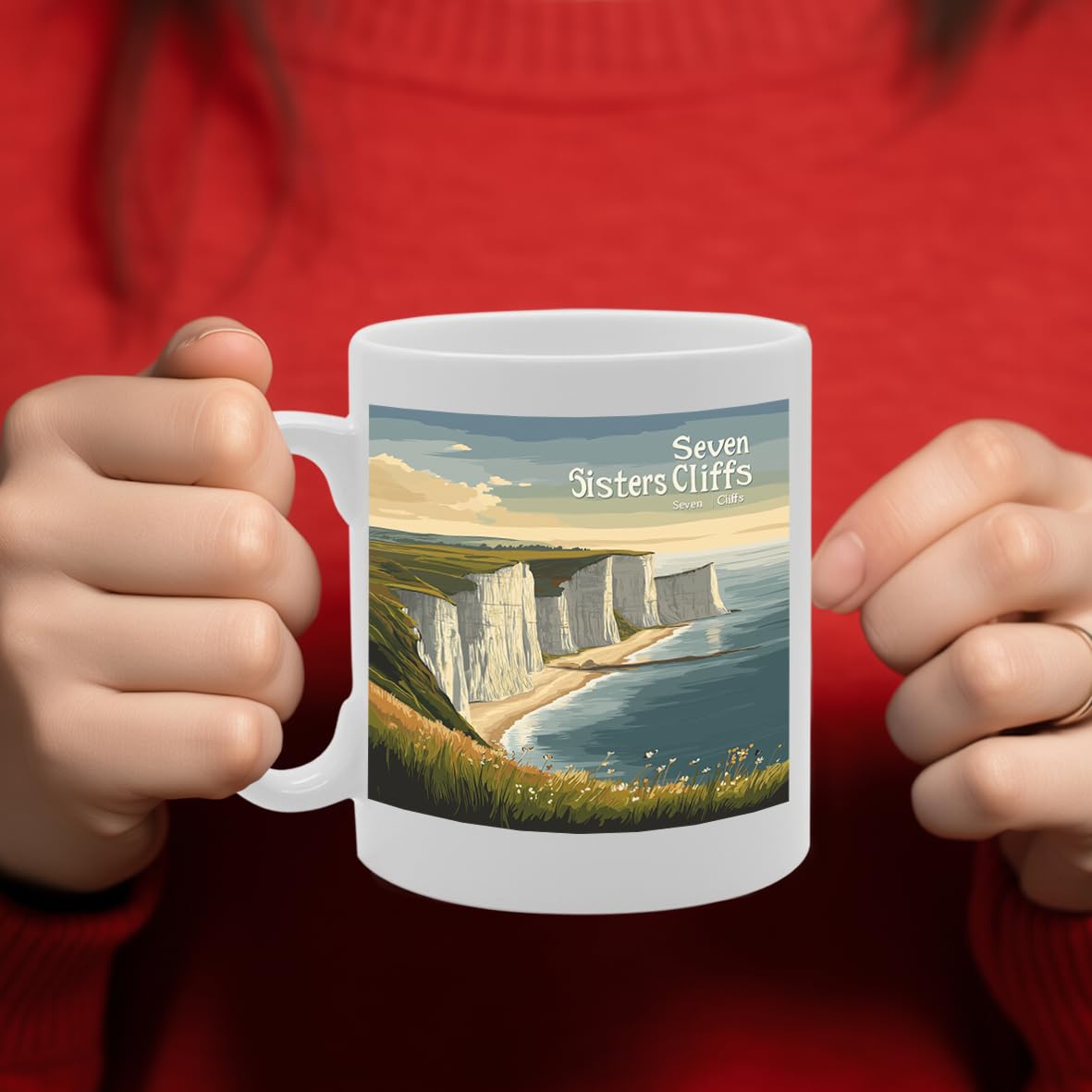 Printed Coffee Ceramic  Featuring Cities And Landmarks In United Kingdom (Seven Sisters Cliffs) - Funny Printed Coffee Mug - Great Gift Idea