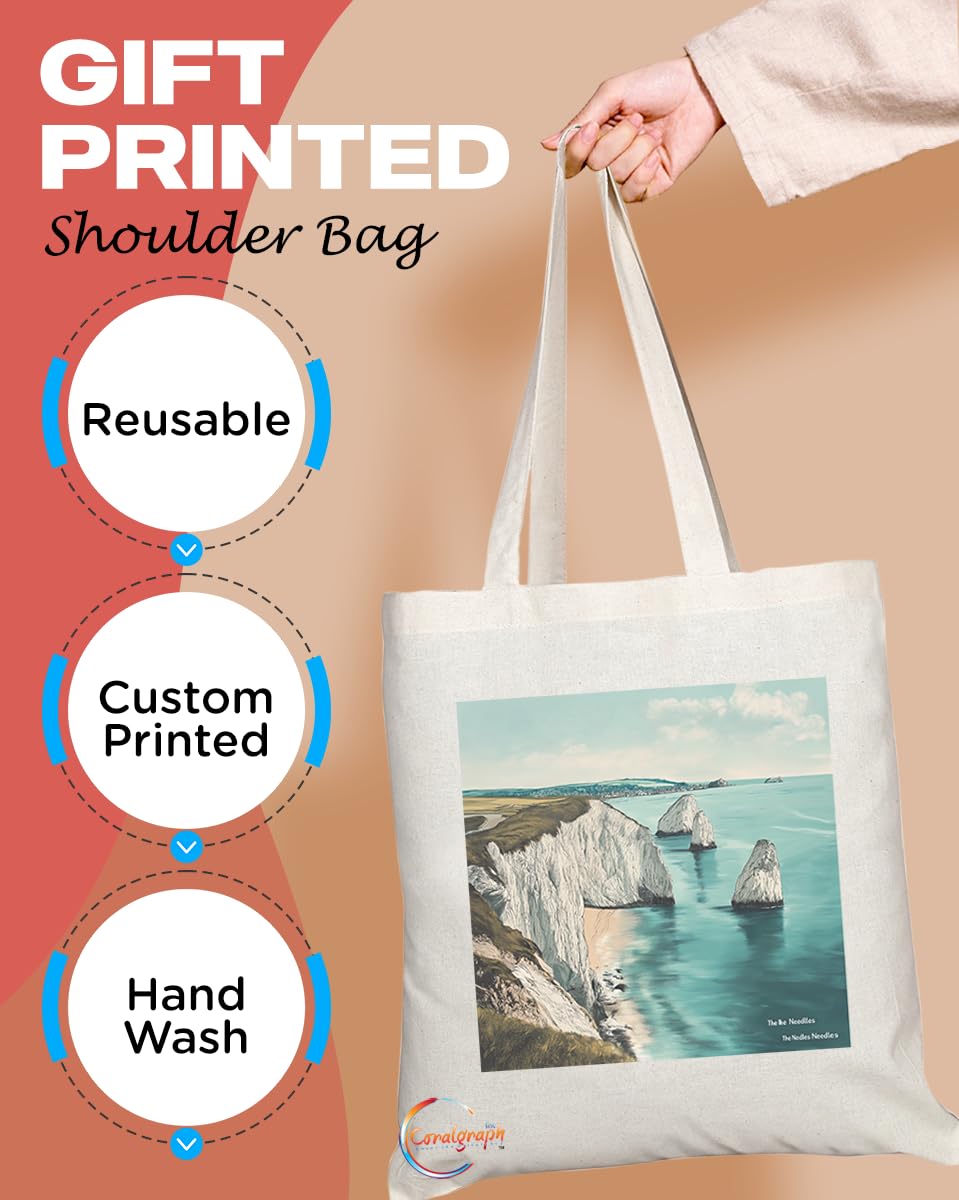 Natural Reusable Shopping Souvenir Tote Bag Featuring Cities and Landmarks in United Kingdom (The Needles)