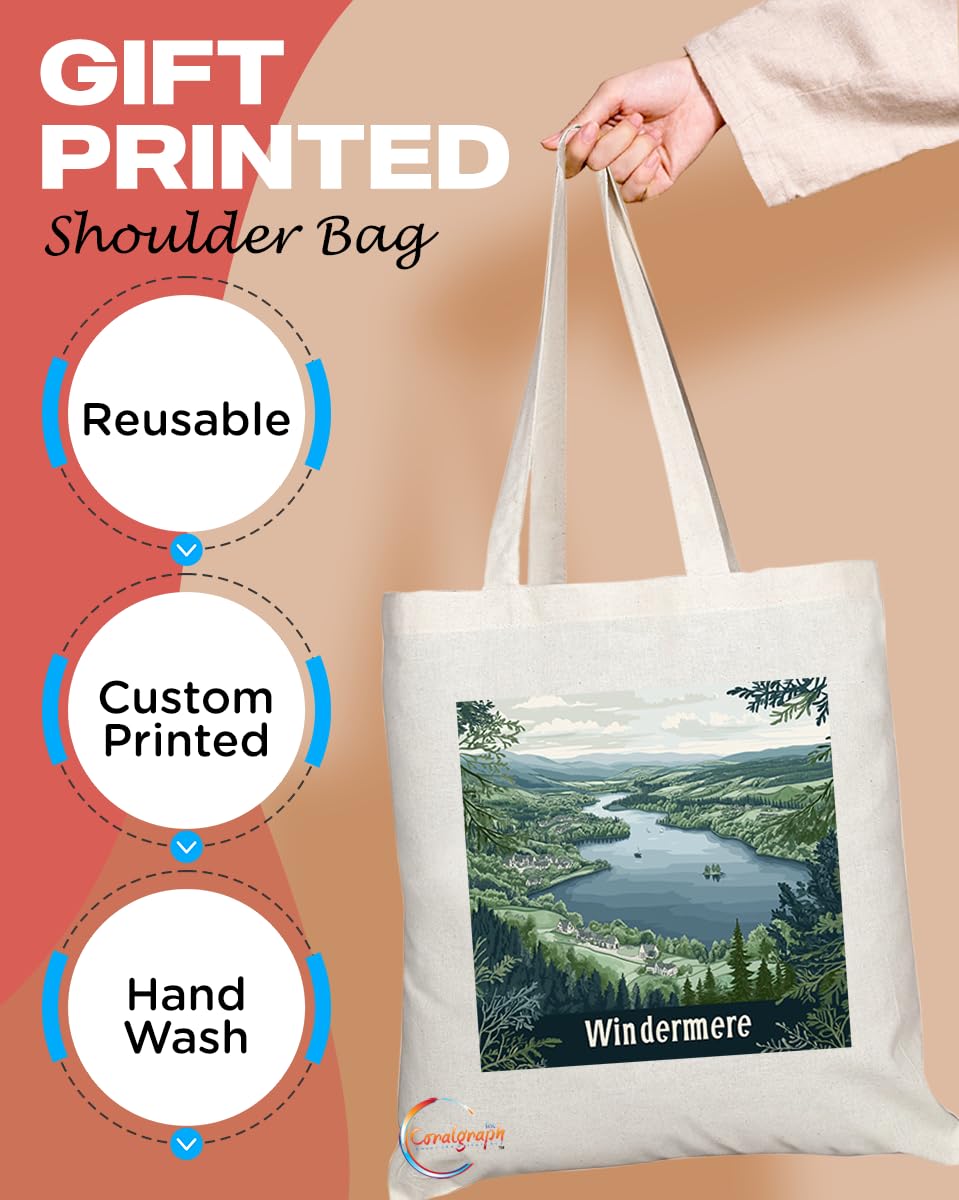Natural Reusable Shopping Souvenir Tote Bag Featuring Cities and Landmarks in United Kingdom (Windermere)