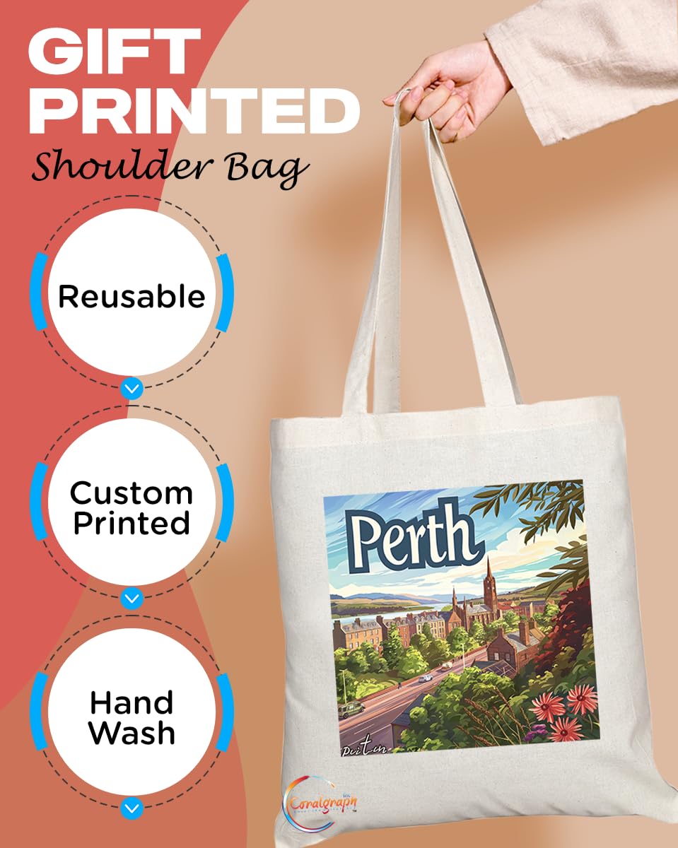 Natural Reusable Shopping Souvenir Tote Bag Featuring Cities and Landmarks in United Kingdom (Perth)