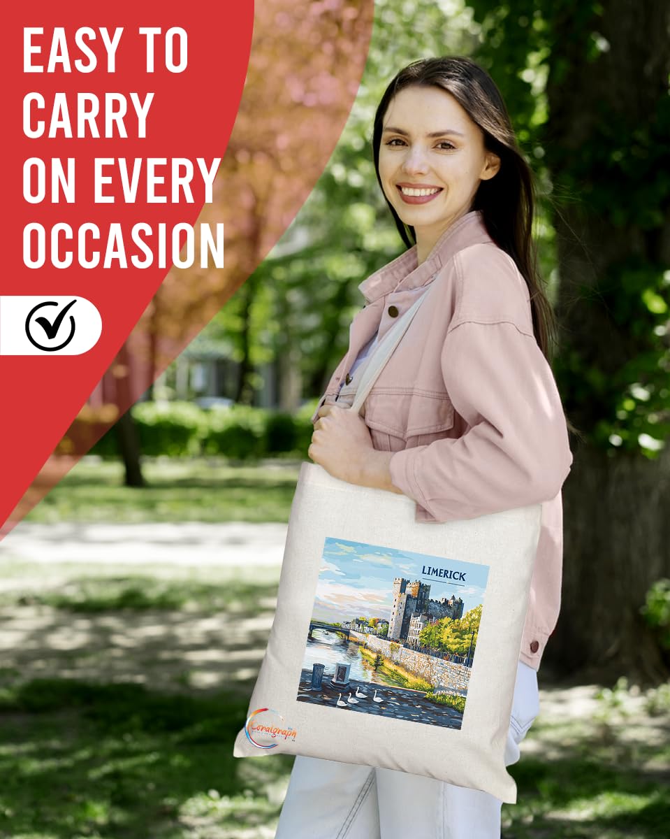 Natural Reusable Shopping Souvenir Tote Bag Featuring Cities and Landmarks in United Kingdom (Limerick)