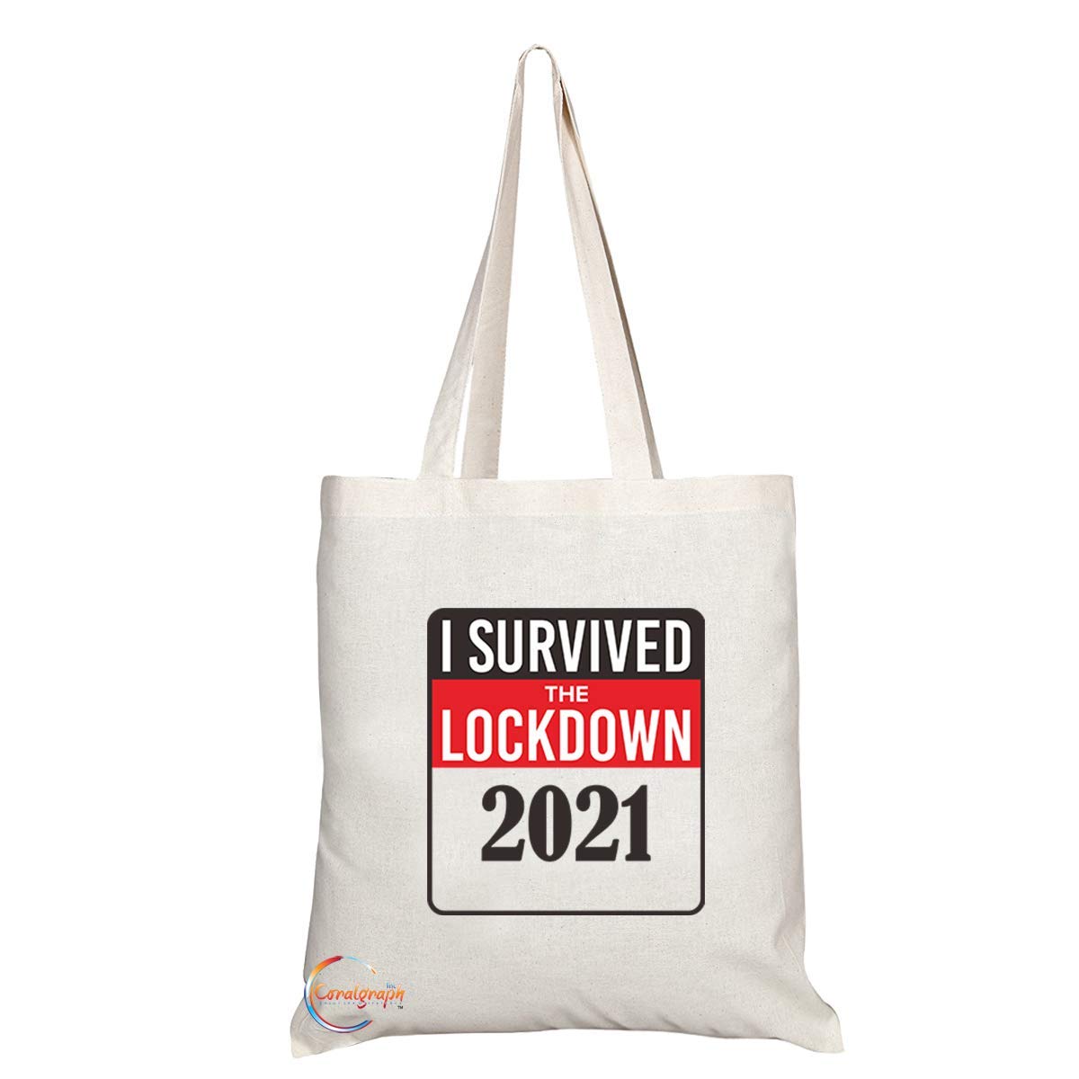 TB662 I SURVIVED THE LOCKDOWN 2021 Novelty Present Gift Printed Eco-Friendly Stylish Long Handled Tote Shoulder Bag