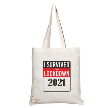 TB662 I SURVIVED THE LOCKDOWN 2021 Novelty Present Gift Printed Eco-Friendly Stylish Long Handled Tote Shoulder Bag