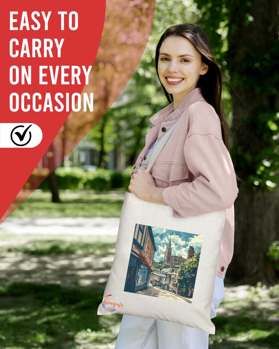 Natural Reusable Shopping Souvenir Tote Bag Featuring Cities and Landmarks in United Kingdom (Exeter)