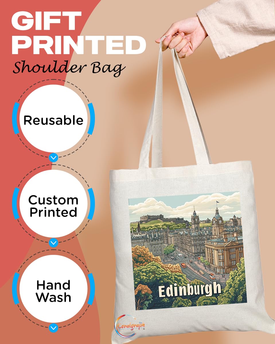Natural Reusable Shopping Souvenir Tote Bag Featuring Popular Cities and Capitals from Europe and Around the World (Edinburgh)