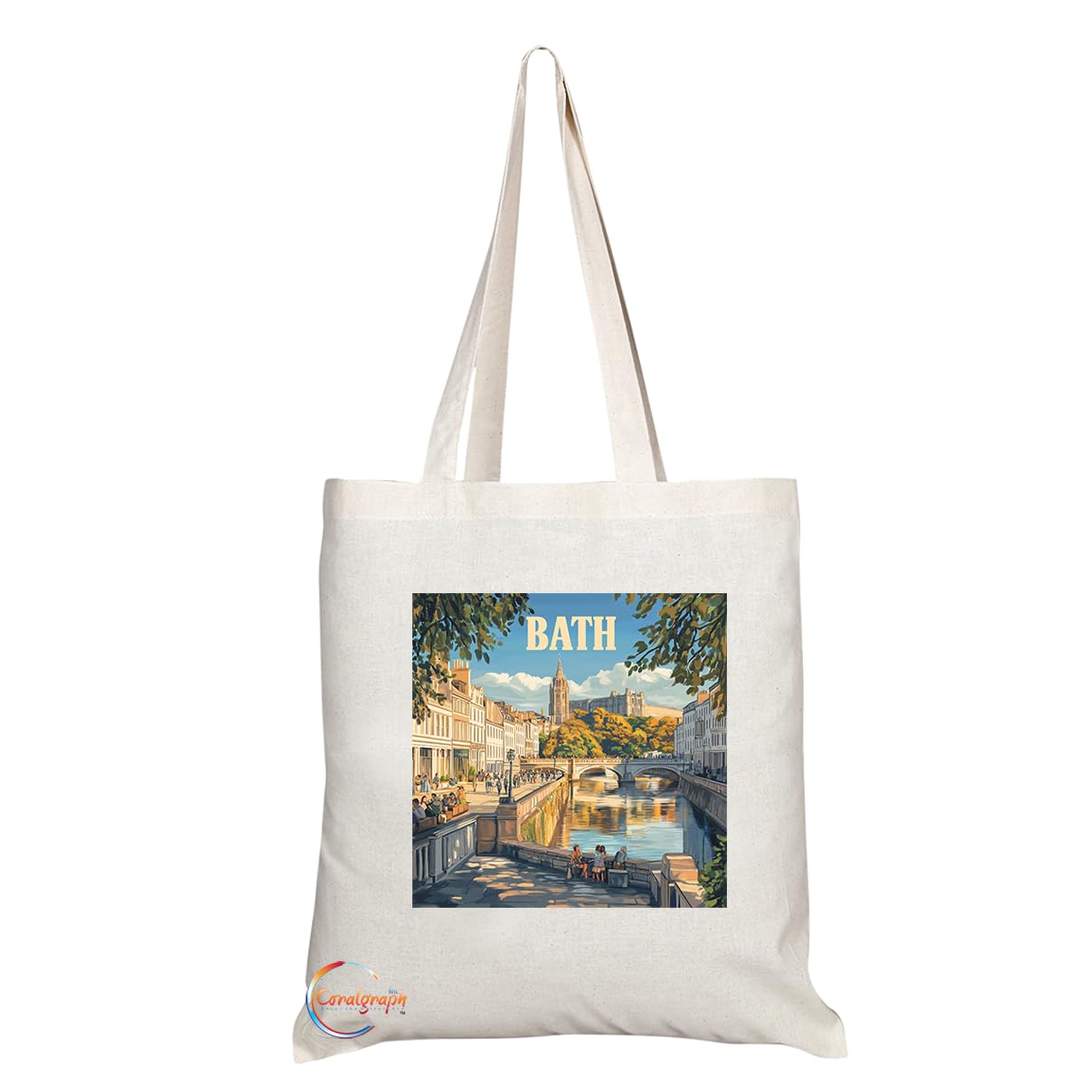 Natural Reusable Shopping Souvenir Tote Bag Featuring Cities and Landmarks in United Kingdom (Bath)