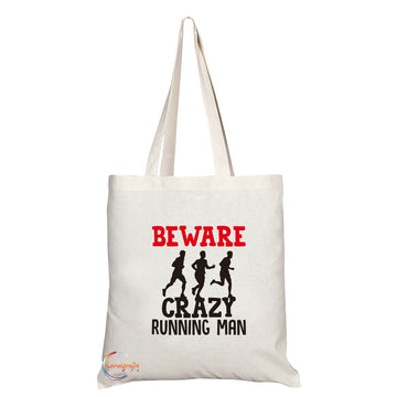 TB224 Beware Crazy Running Man (B) Novelty Present Gift Printed Eco-Friendly Stylish Long Handled Tote Shoulder Bag
