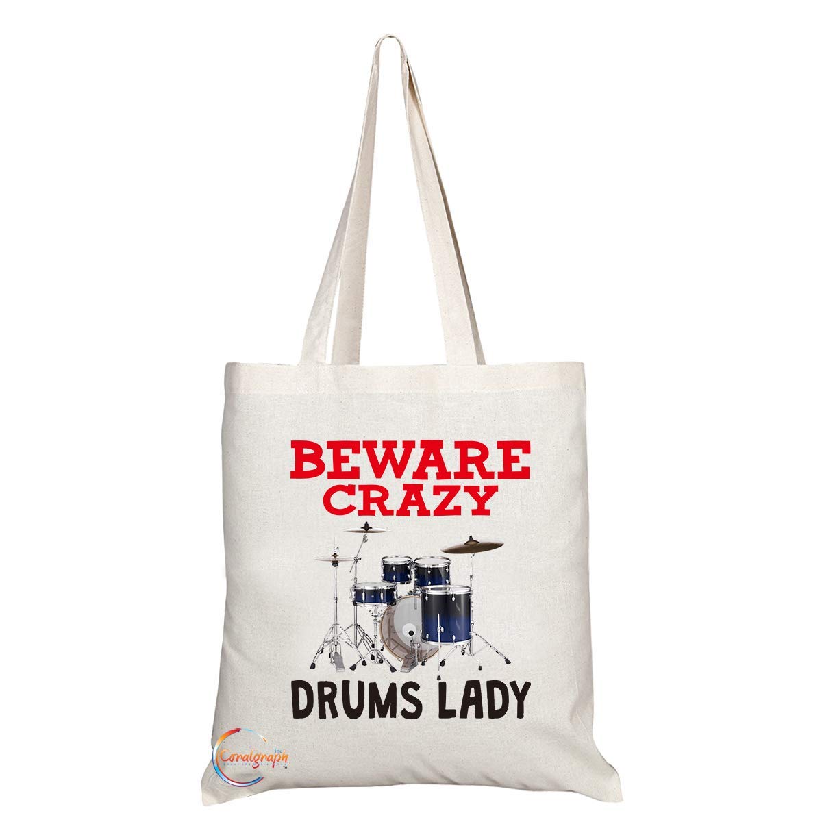 TB348 Beware Crazy Drums Lady Novelty Present Gift Printed Eco-Friendly Stylish Long Handled Tote Shoulder Bag
