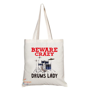 TB348 Beware Crazy Drums Lady Novelty Present Gift Printed Eco-Friendly Stylish Long Handled Tote Shoulder Bag