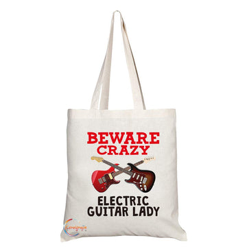 TB347 Beware Crazy Electric Guitar Lady Novelty Present Gift Printed Eco-Friendly Stylish Long Handled Tote Shoulder Bag