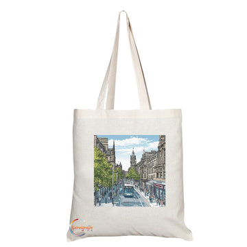 Natural Reusable Shopping Souvenir Tote Bag Featuring Cities and Landmarks in United Kingdom (Edinburgh Princes Street)