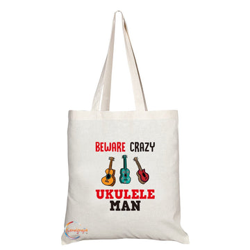 TB204 Beware Crazy Ukulele Man Novelty Present Gift Printed Eco-Friendly Stylish Long Handled Tote Shoulder Bag