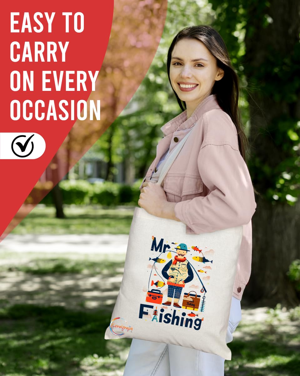 TB1701 Mr Fishing Tote Bag - Ideal for Fishermen, Fishing Enthusiasts, Anglers, Fishing Lovers - Sustainable, Stylish, Long Handled, Durable and Reusable