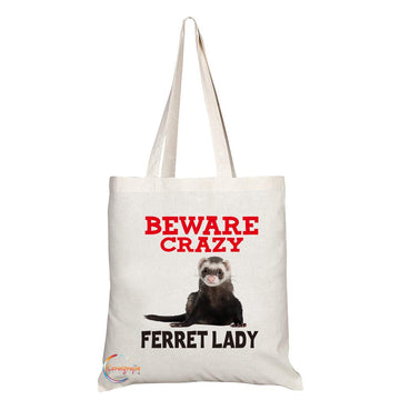 TB393 Beware Crazy Ferret Lady Novelty Present Gift Printed Eco-Friendly Stylish Long Handled Tote Shoulder Bag