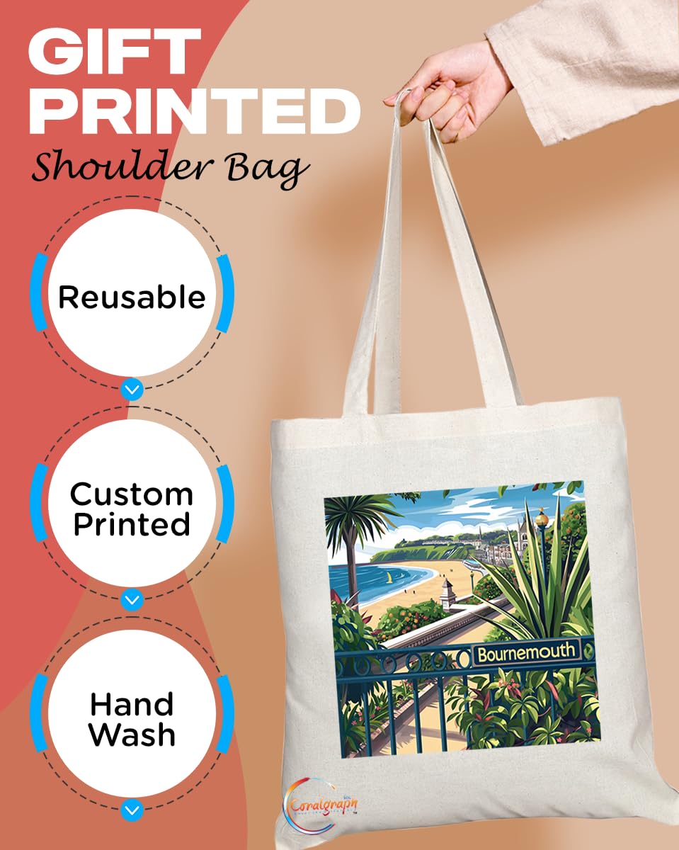 Natural Reusable Shopping Souvenir Tote Bag Featuring Cities and Landmarks in United Kingdom (Bournemouth)