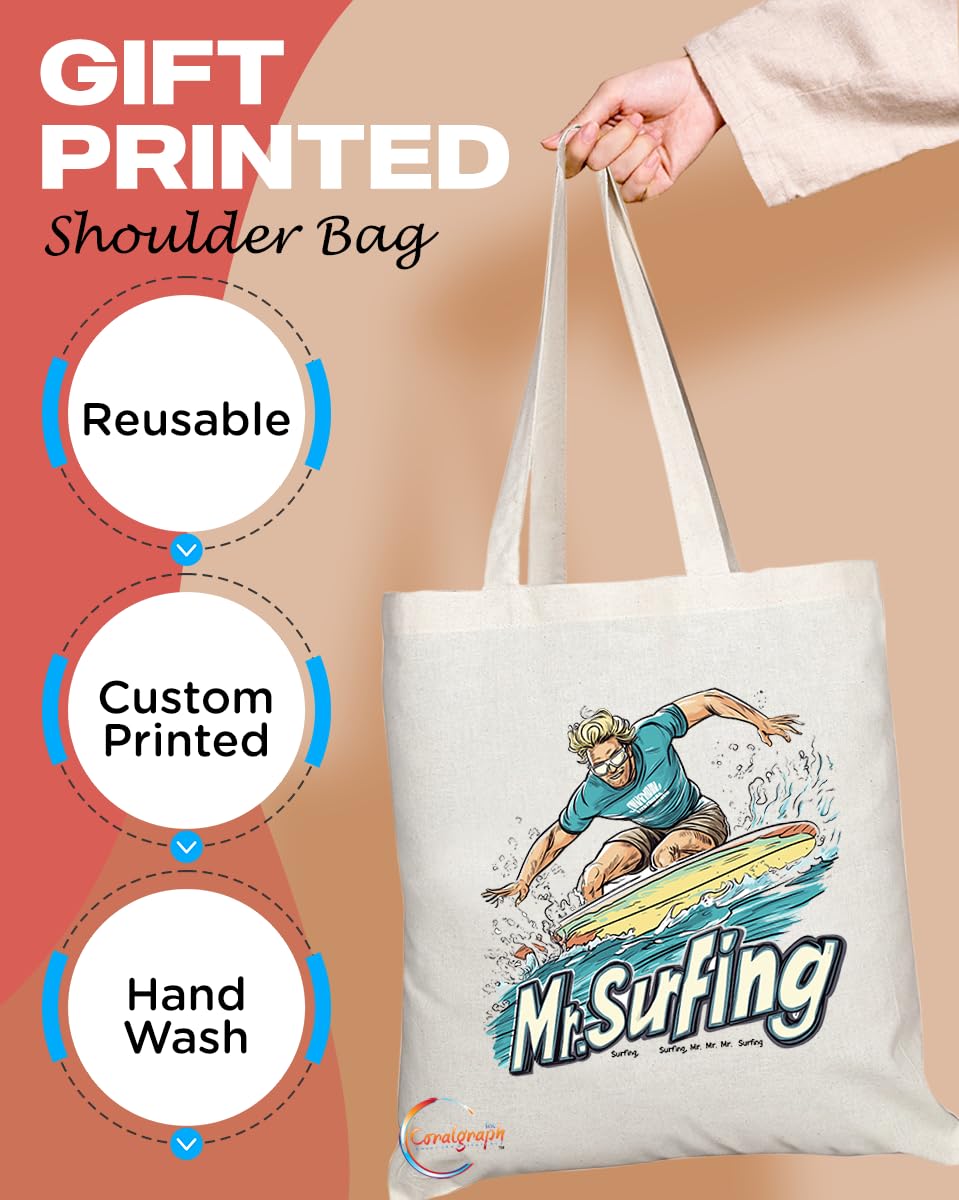 Natural Reusable Shopping Souvenir Tote Bag Featuring Popular Sports Designs from Around the World (Surfing)
