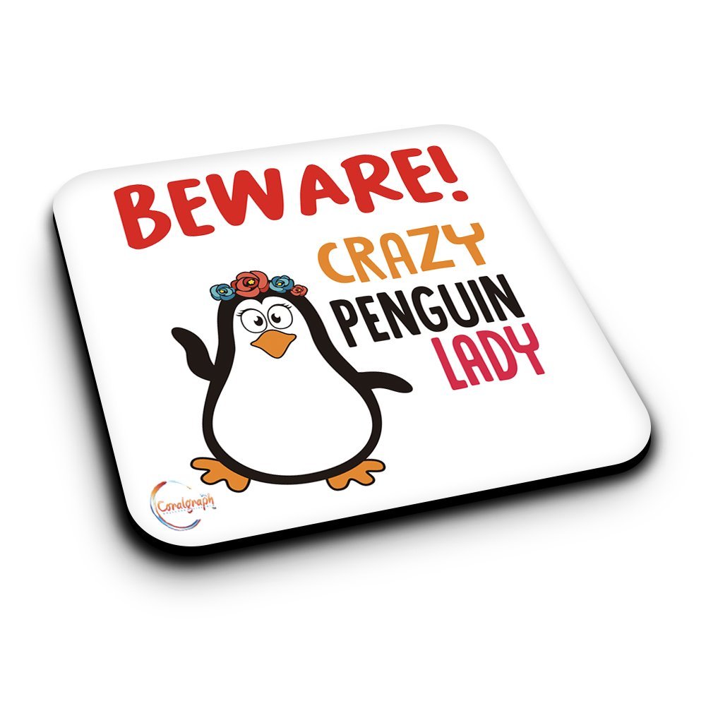 ER434 Beware Crazy Penguin Lady (B) Novelty Present Gift Printed MDF Wooden Coaster