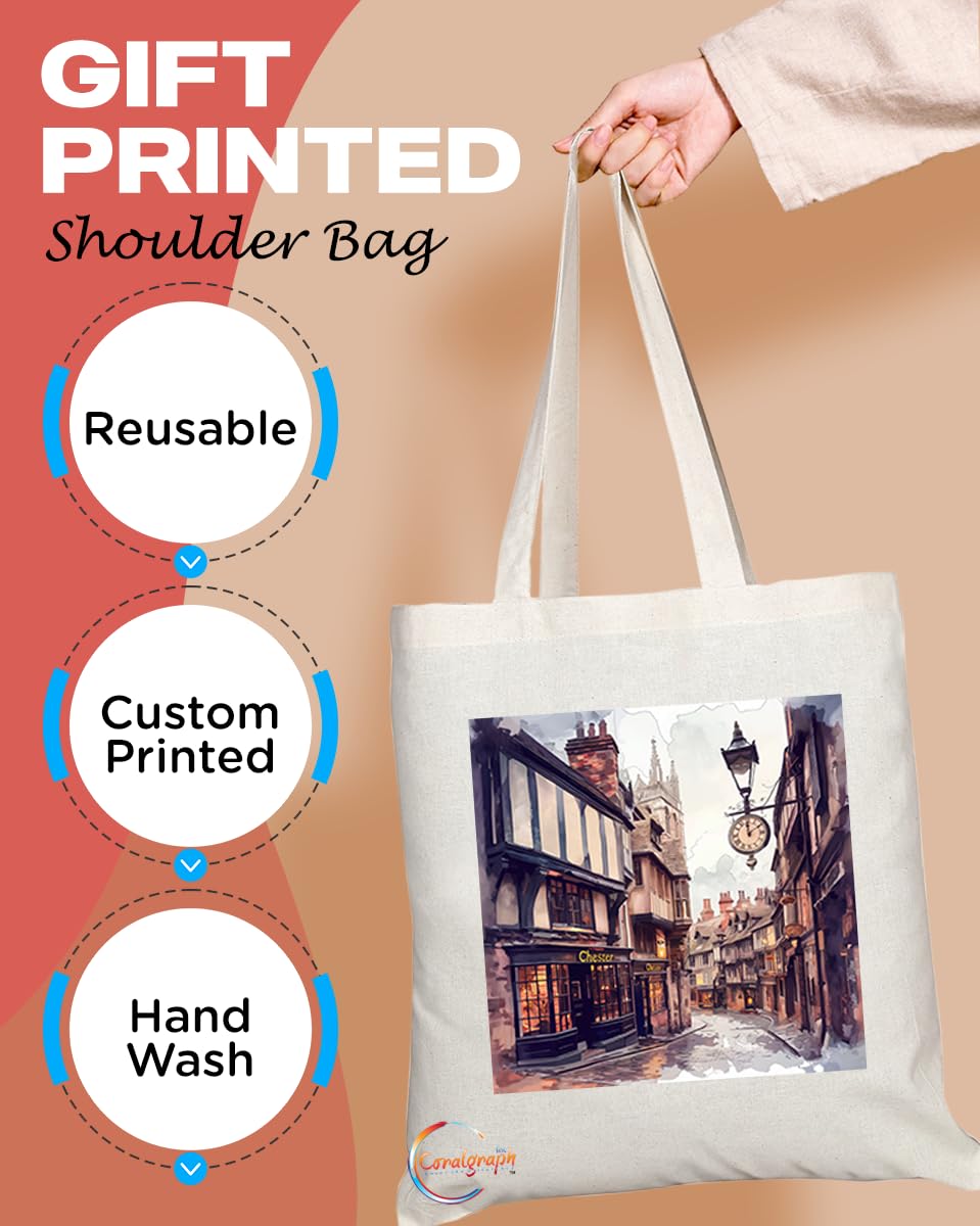 Natural Reusable Shopping Souvenir Tote Bag Featuring Cities and Landmarks in United Kingdom (Chester)
