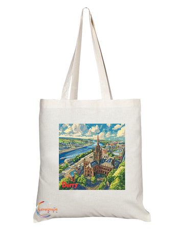 Natural Reusable Shopping Souvenir Tote Bag Featuring Cities and Landmarks in United Kingdom (Derry)
