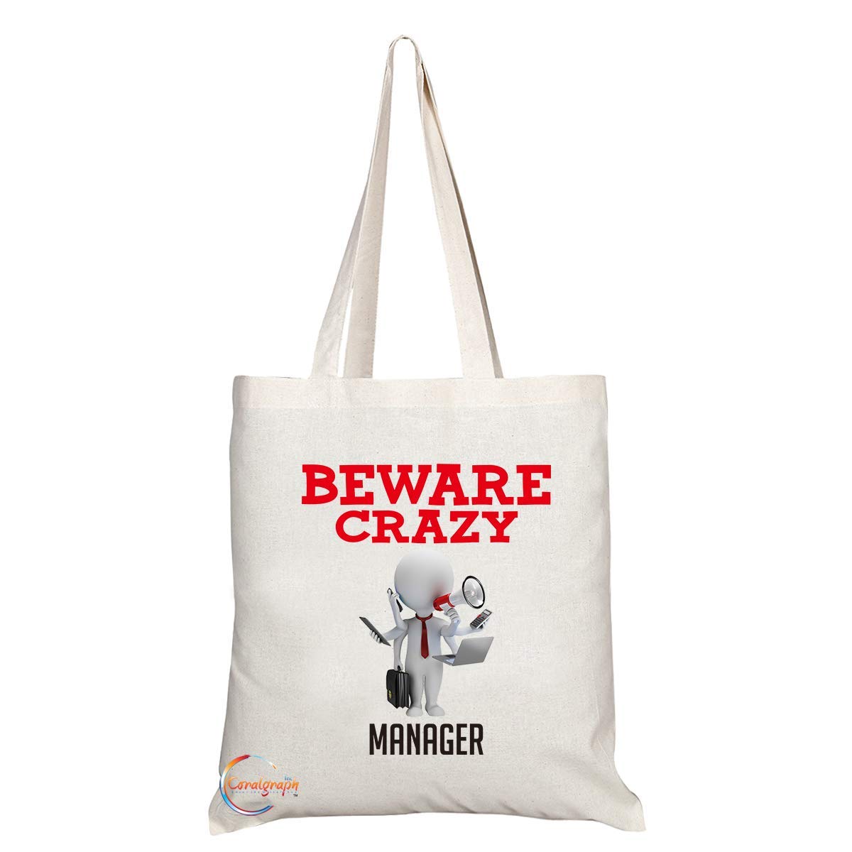 TB421 Beware Crazy Manager Novelty Present Gift Printed Eco-Friendly Stylish Long Handled Tote Shoulder Bag