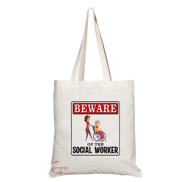 TB908 Beware of the Social Worker Novelty Present Gift Printed Eco-Friendly Stylish Long Handled Tote Shoulder Bag