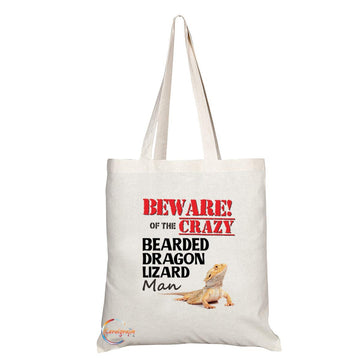TB647 BEWARE!OF THE CRAZY BEARDED DRAGON LIZARD Man Novelty Present Gift Printed Eco-Friendly Stylish Long Handled Tote Shoulder Bag